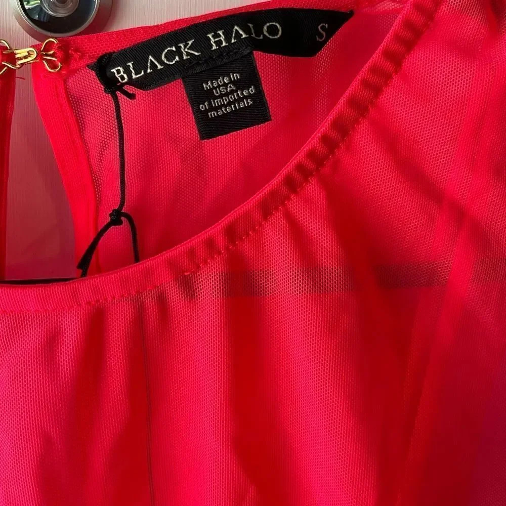 Black Halo Elvia Ruched Mesh Sheath Dress in vivid melon midi small new women’s - Picture 5 of 10